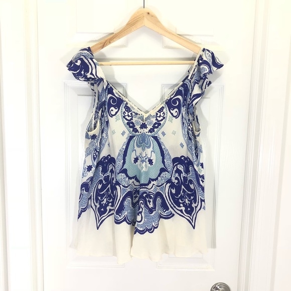 Anthropologie Tops - Maeve Blue Graphics Ruffle Sleeveless Tank Top